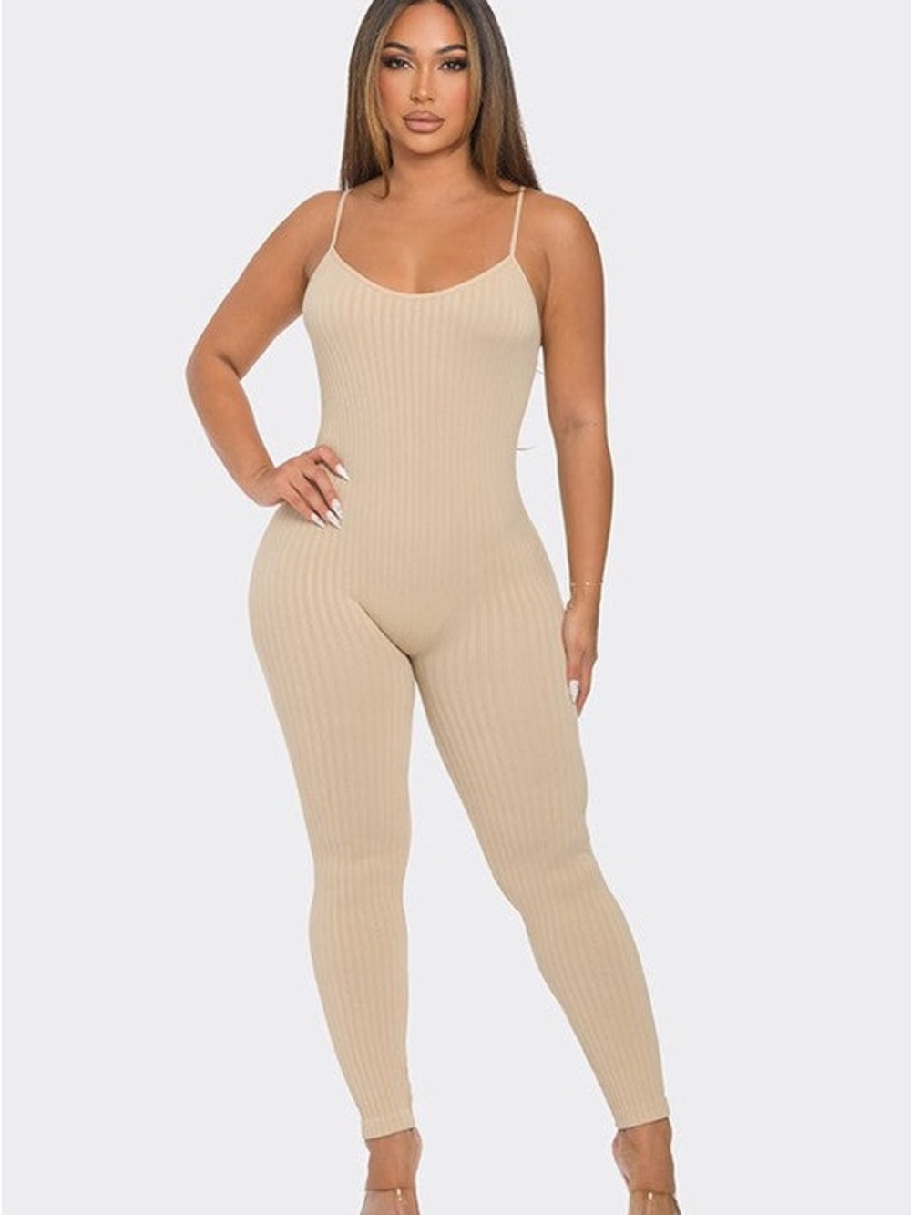 Ribbed Beige Activewear Jumpsuit Romper Size Small Workout One Piece